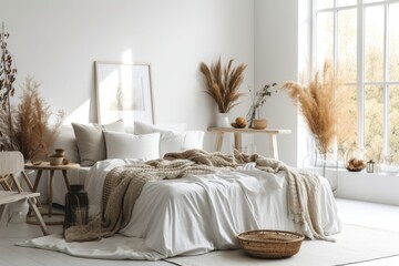 White bedroom with a double bed and a panoramic window, over white table top or shelf with straws, dry plants, ornament, ears, sheaf, and branch in vase, modern minimal interior design. Generative AI
