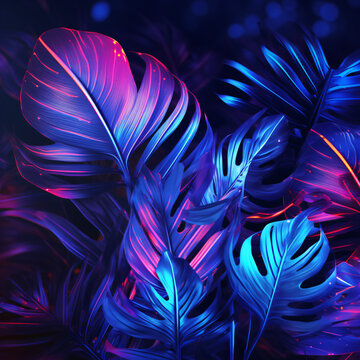 Fototapeta Palms, and Monsteras Exotic Leaves with a Neon Glow Tropical Summer Background.  