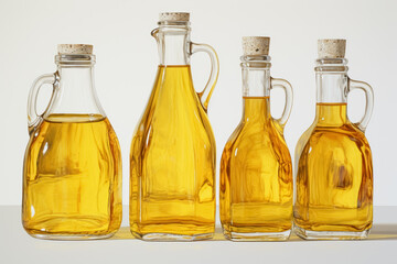 Glass Oil bottles of vegetable oil on a white background.
