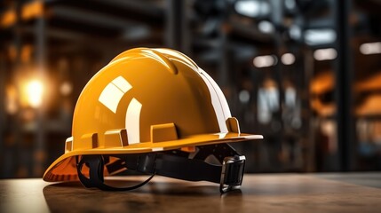 Close up on one safety yellow helmet on table at industry background.