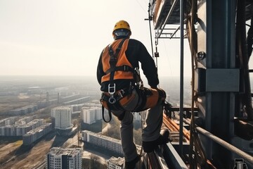 Construction worker wear standard personal protective equipment,  Working on structure at height rise building project.