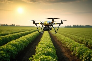 Drone flying over agricultural fields, Smart farming and precision agriculture.