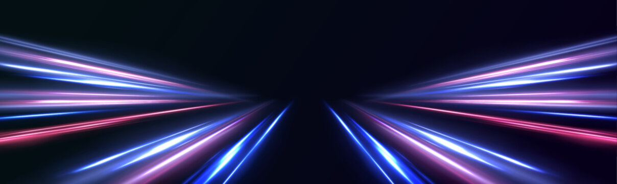  Laser beams luminous abstract sparkling isolated on a transparent background. Acceleration speed motion on night road. Light and stripes moving fast over dark background. 