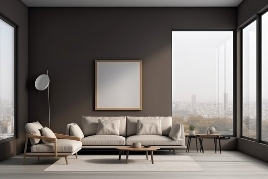 Grey relax room interior couch on carpet near window, Stylish living room interior with comfortable sofa.