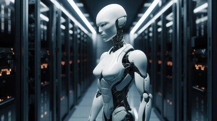 Fototapeta na wymiar Robot standing in server room, Checking servers in a data center.
