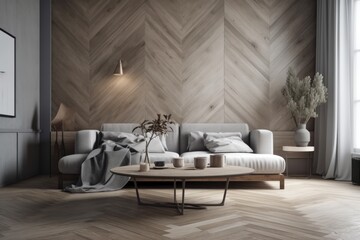 Fototapeta na wymiar Scandinavian style decor. an empty wall with a herringbone panel. Design of the room in taupe, beige, white, and gray tones. Black table and light sofa. Generative AI