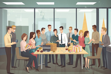 Office party illustration, birthday celebration at work with employees.