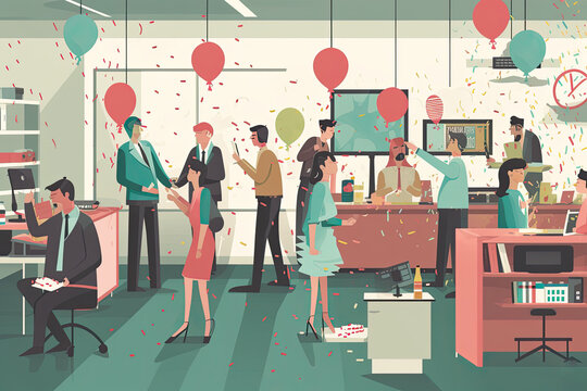 Illustration of a corporate party in the office.