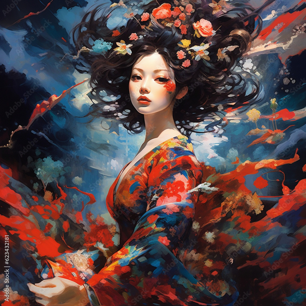 Wall mural generative ai geisha with folwers