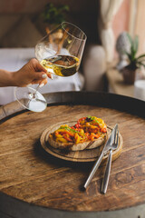 Appetizing bruschetta with grilled vegetables. Food photography, delicious healthy food,
barbecue vegetables.
