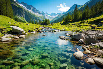 Summer Spring Landscape with Green Big Mountains Trees and a Clear Lake 