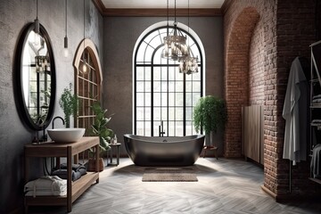 Fototapeta na wymiar Showcase of traditional bathroom interior design with parquet flooring and gray arched brick walls. bathtub that is freestanding, a contemporary pendant light, simple accessories, towels, and candles