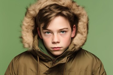 Close-up portrait photography of a beautiful boy in his 30s wearing a warm parka against a pastel green background. With generative AI technology