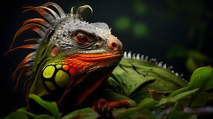 Ein Leguan sitzt auf Blättern und Ästen und liegt im Licht Generative AI