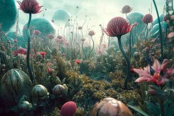 incredible fantasy world, fantastic field with flower generative ai - obrazy, fototapety, plakaty