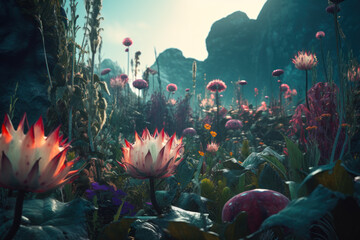 incredible fantasy world, fantastic field with flower generative ai