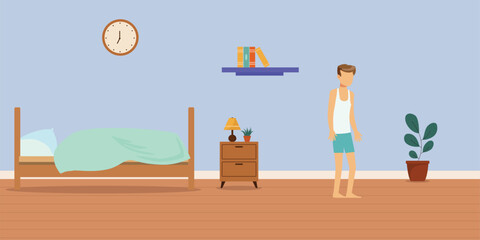 Walking in room after Waking Up and Going to Washroom, Getting Ready for Office, Walking in Room to Wake Up and Going to Brush at Morning Walking. Getting Ready for Office, Wake Up at Morning Alarm