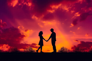 couple in love on the background of the sunset sky and red sun generative ai