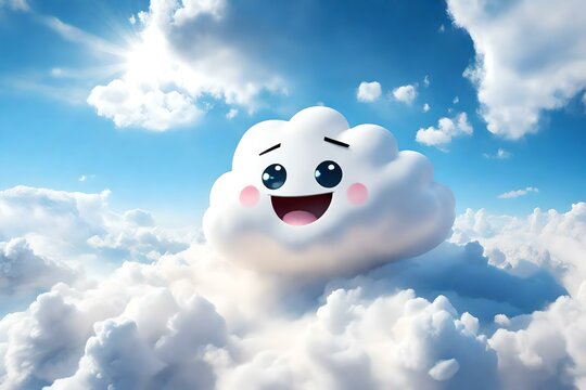 Image of a cute happy  smiling cartoon cloud and a blue sky. (AI-generated fictional illustration)
