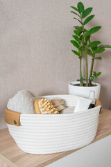 crochet jute craft basket, tailor and designer accessories in wicker box, zero waste
