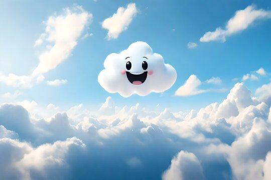 Image of a cute happy  smiling cartoon cloud and a blue sky. (AI-generated fictional illustration)

