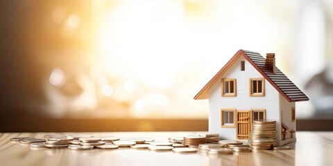 Business and investment growth concept with model house and coin in blur background