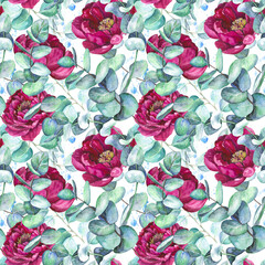 Seamless pattern of eucalyptus branches leaves with  magenta peony flowers. Watercolor illustration isolated on transparent background. The application is designed for printing on textiles, packaging