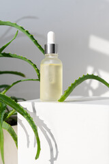 Bottle of natural serum with coconut and aloe leaves on white background