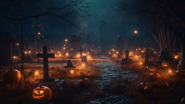 graveyard style halloween background with pumpkins with space for text