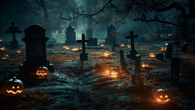 graveyard style halloween background with pumpkins with space for text