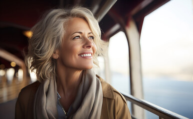 Fototapeta na wymiar AI generated image of happy mature senior woman on bridge in the city