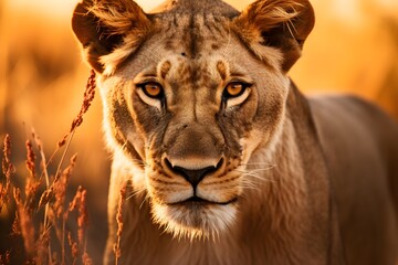 A captivating close-up of a lioness in the African savannah, her intense gaze piercing through the lens. - obrazy, fototapety, plakaty