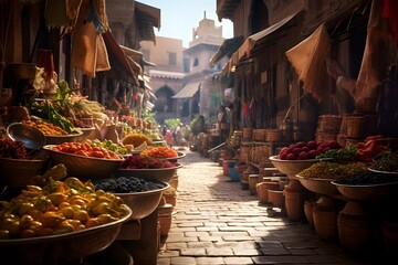 A vibrant street market bustling with activity, filled with colorful stalls and the aromas of exotic spices.