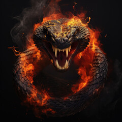 Image of angry snake face and flames on dark background. Reptile. Illustration, Generative AI.