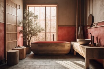 Red and beige toned Japanese bathroom with wood and marble. a tiled bathtub. simple interior design for a farmhouse. Generative AI