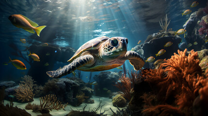 Schildkröte am Tauchen mit Fischen Generative AI
