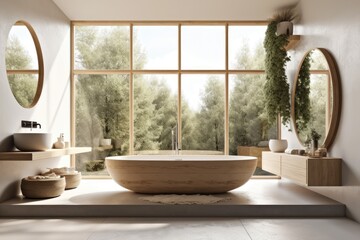 Fototapeta premium zen vibe, super minimalist luxury bathroom with panoramic window, carpet, and bathtub, white architecture interior design, vintage wooden table top or shelf. Generative AI