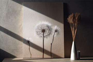 shadow on the wall and a dry dandelion decoration in a white canvas mockup. Generative AI