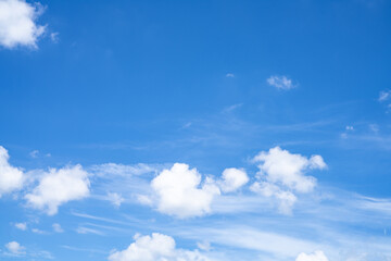 Beautiful blue sky and white cumulus clouds abstract background. Cloudscape background. Blue sky and fluffy white clouds on sunny days. Beautiful blue sky. World Ozone Day. Ozone layer. Summer sky.