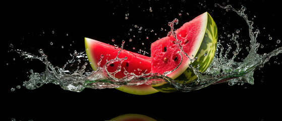 Refreshing Watermelon Splash: Water Splashing on Slices of Watermelon. Studio Lighting