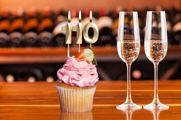Cupcake With Numbers And Glasses With Wine For Birthday Or Anniversary