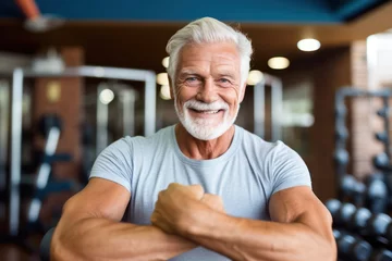 Papier Peint photo Fitness Portrait of senior man working out gym fitness, fitness concept. Senior healthy lifestyle with fitness gym and healthy life middle aged man