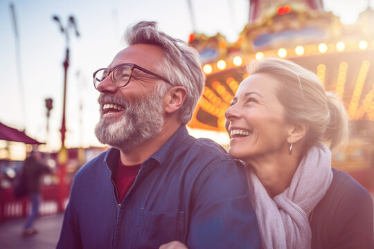 AI generated image of happy mature couple in amusement park