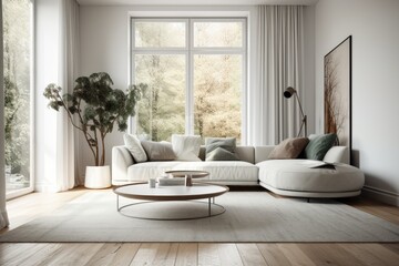 White sofa next to a round coffee table in a living room with wooden floor, huge windows, and white walls. a mockup. Generative AI