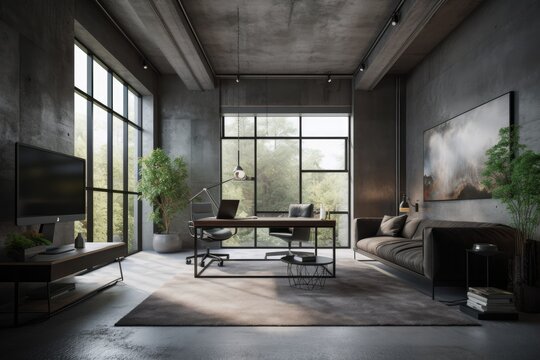 Realistic depiction of a modern minimalist interior with concrete grunge black walls that would work well as a virtual backdrop or in video conferences. Generative AI