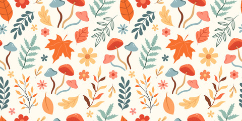 Seamless autumn pattern with leaves, mushrooms, plants and flowers
