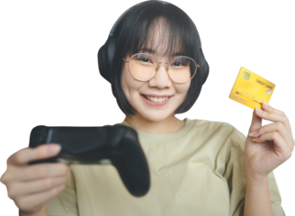 Asian gamer woman wear eyeglasses and headphone play a game using credit card cutout isolated white background