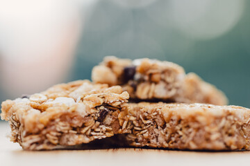 close up of healthy snack granola bar with chocolate chips