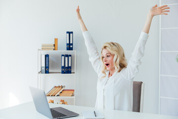 emotional woman at the laptop communication remote work conversation on skype internet online