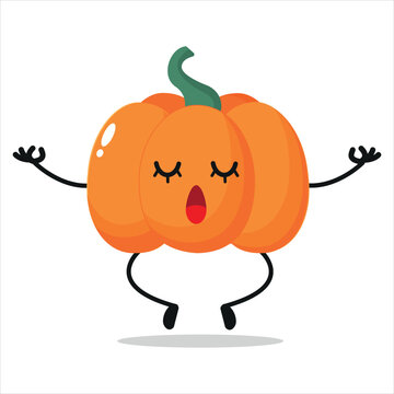 Cute relax pumpkin character. Funny yoga pumpkin cartoon emoticon in flat style. vegetable emoji meditation vector illustration